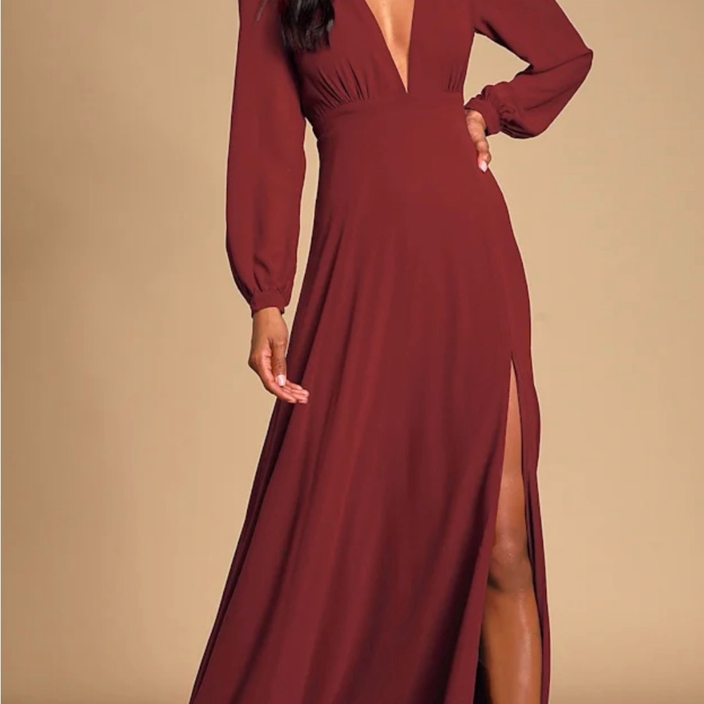 Lulu's Red Plunge Neck Bishop Sleeve Gown